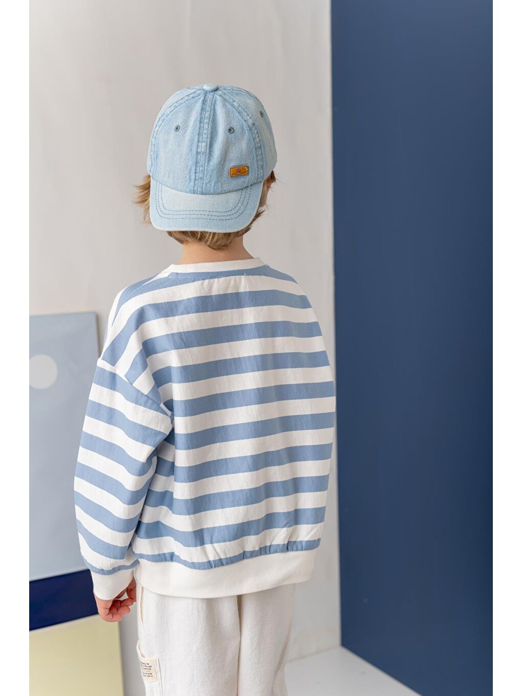 Unısex Çocuk Çizgili Sweatshirt - Mavi Çizgili-1