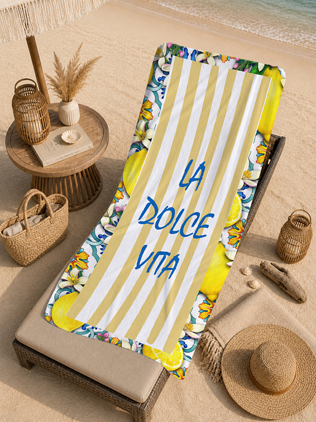 Milbay Grup Sarı Çizgili La Dolce Vita Limon Desenli 70x150 Cm Dijital Plaj Ve Banyo Havlusu-20072-4