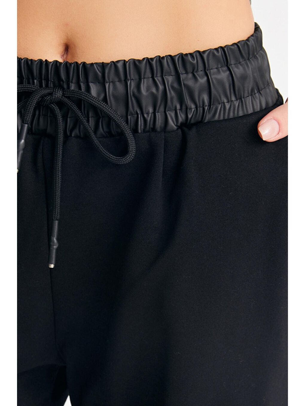 Kadın Siyah Beli Deri Garnili Çelik Örgü Jogger Pantolon-2