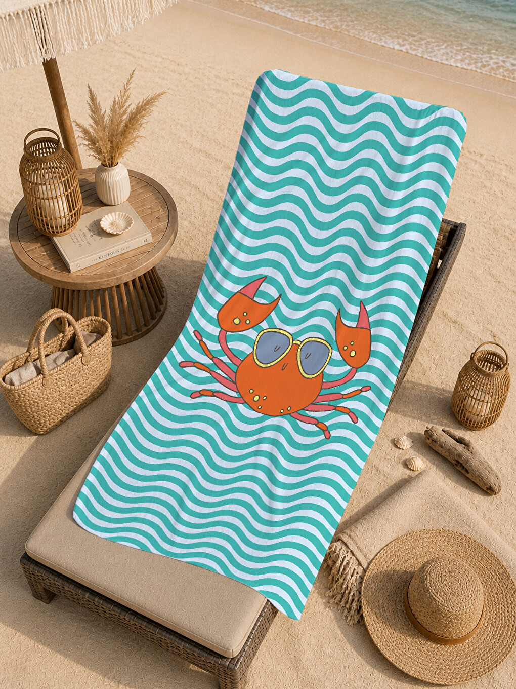 Mint Yeşili Beyaz Dalgalı Çizgili Turuncu Yengeç 70x150 Cm Dijital Baskılı Plaj Ve Banyo Havlusu-4