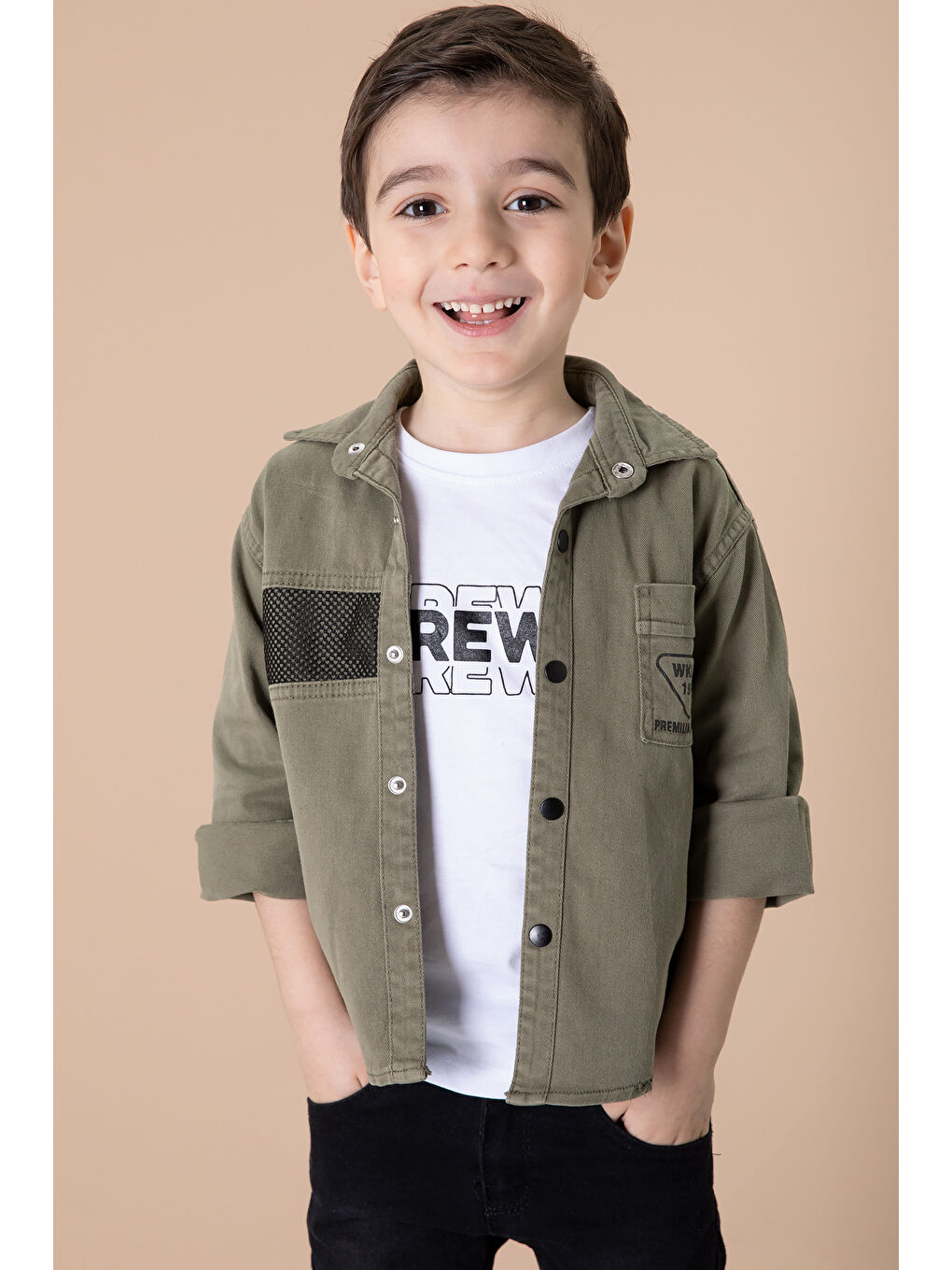 Haki Crew Yazılı Tişörtlü File Detaylı Erkek Çocuk Gömlek 20083