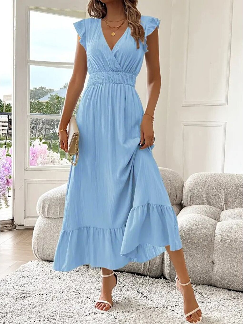 Mavi Kadın Kısa Kollu Kruvaze Yakalı Beli Lastikli Müslim Elbise