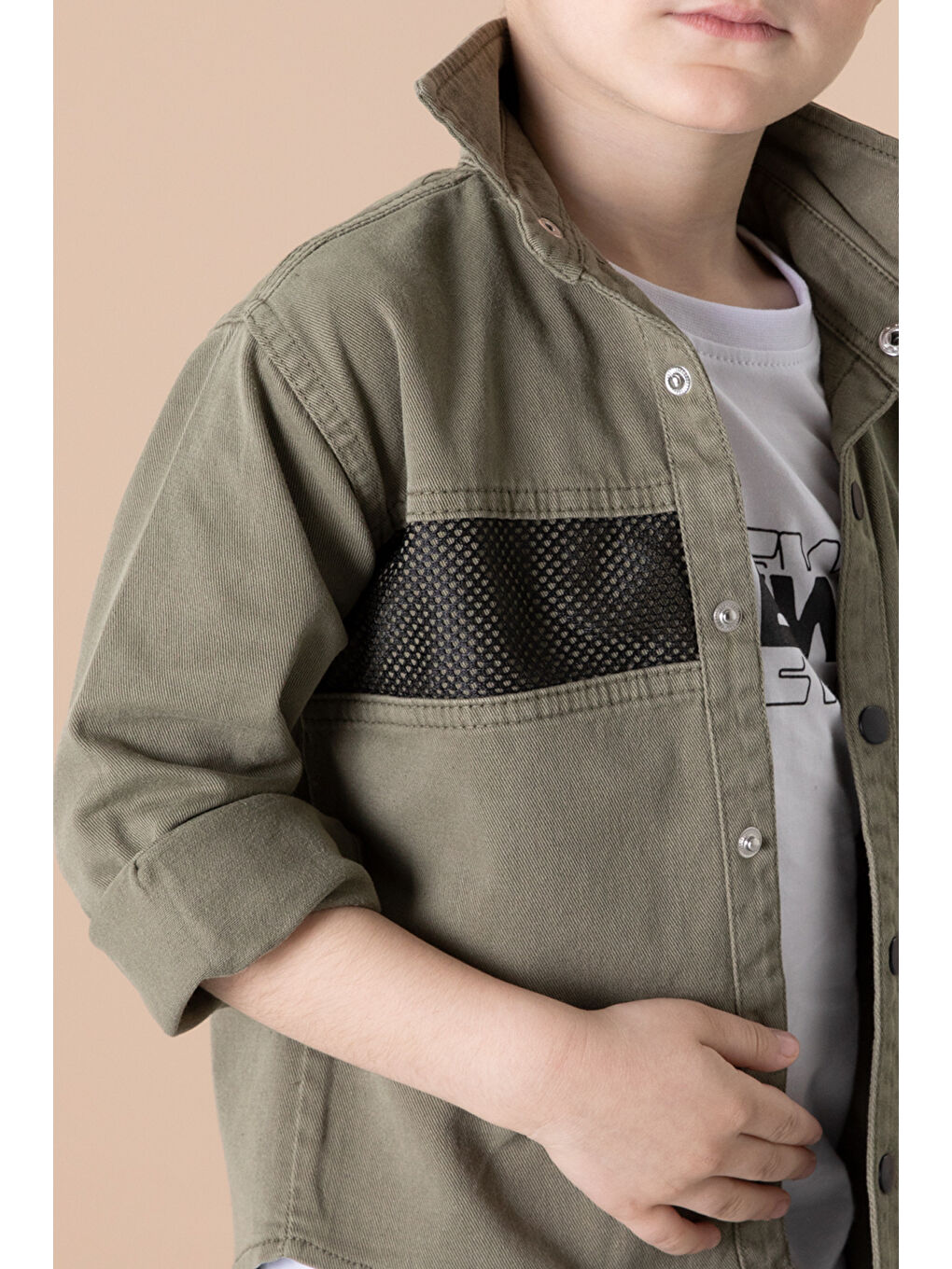 Haki Crew Yazılı Tişörtlü File Detaylı Erkek Çocuk Gömlek 20083-2