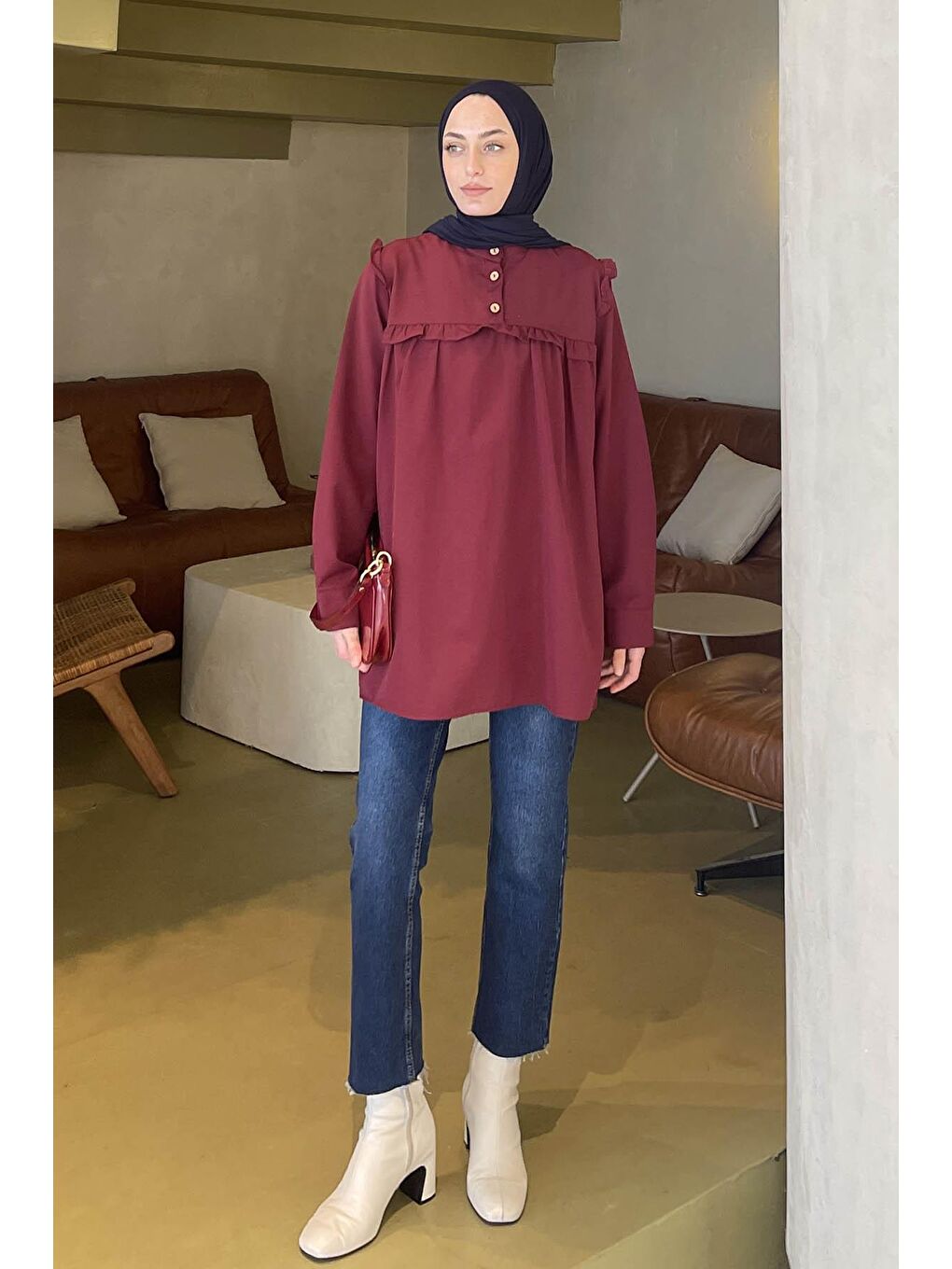 Hakim Yaka Önü Pileli Tunik Bordo