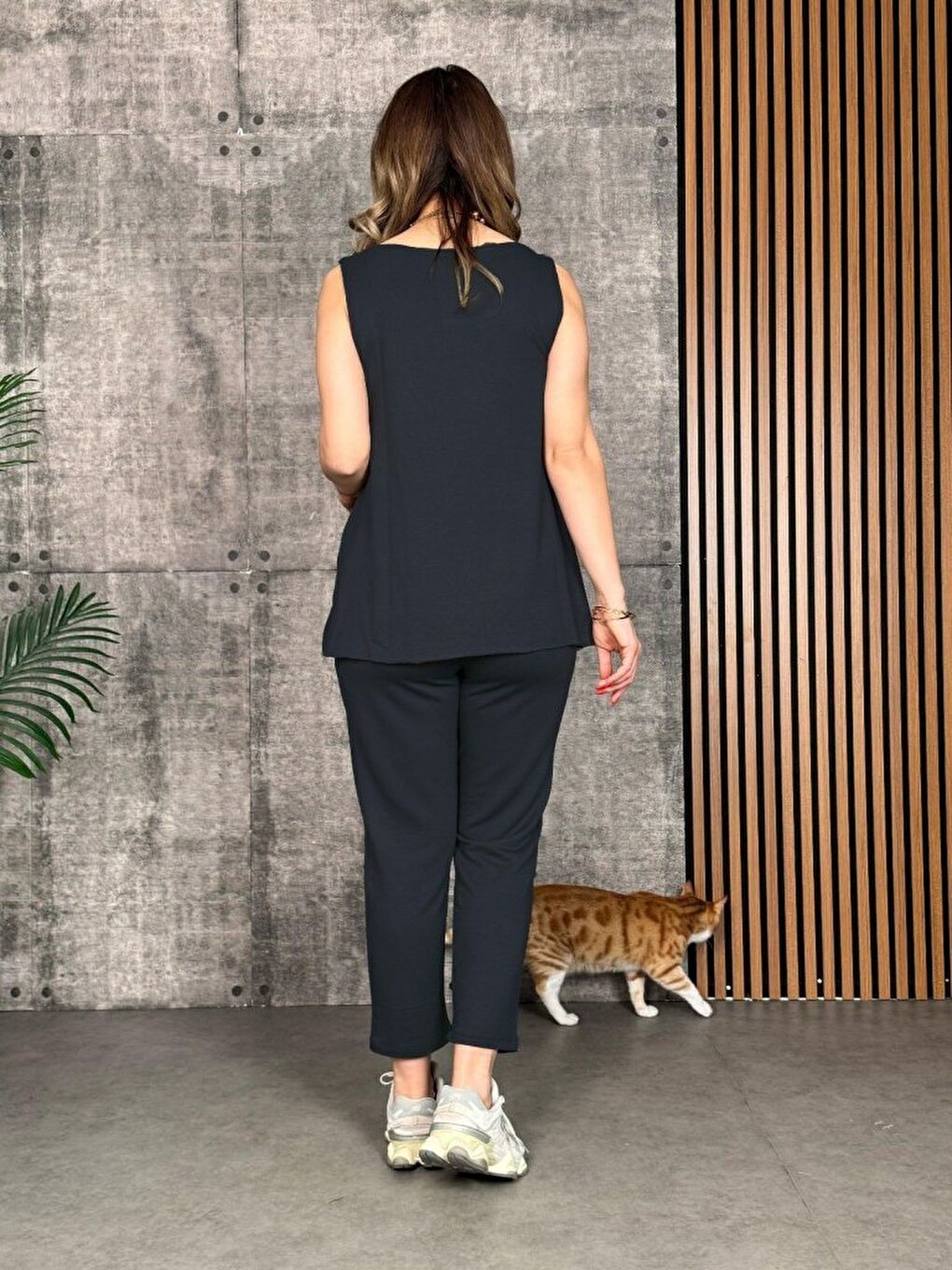 Gri Kadın Askılı Yuvarlak Yaka Viskon Iki Iplik Bluz Ve Eşofman Altı Ikili Takım-2