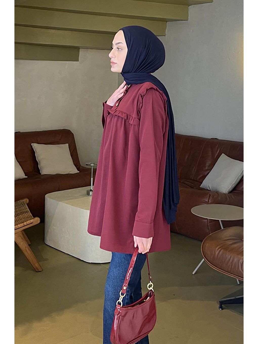 Hakim Yaka Önü Pileli Tunik Bordo-1