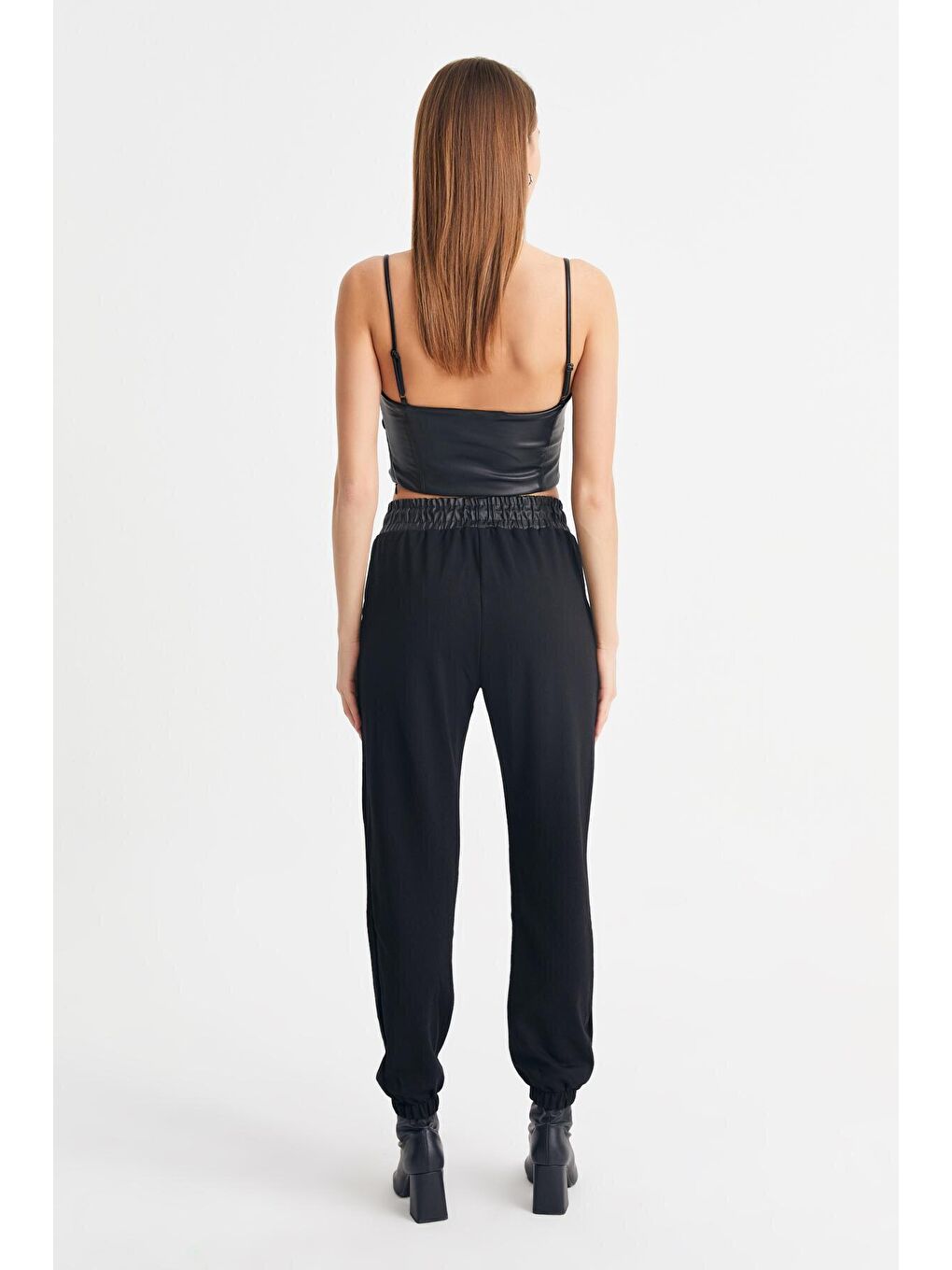 Kadın Siyah Beli Deri Garnili Çelik Örgü Jogger Pantolon-3