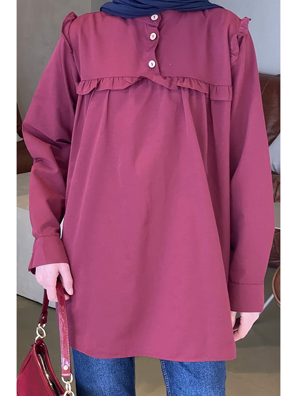 Hakim Yaka Önü Pileli Tunik Bordo-2