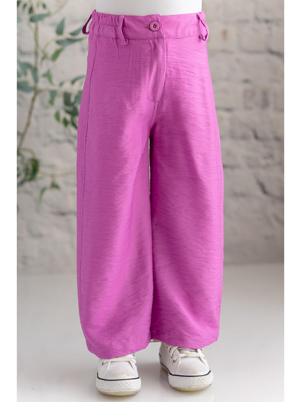 Pembe Kız Çocuk Dokuma Viskon Düz Pantolon-1