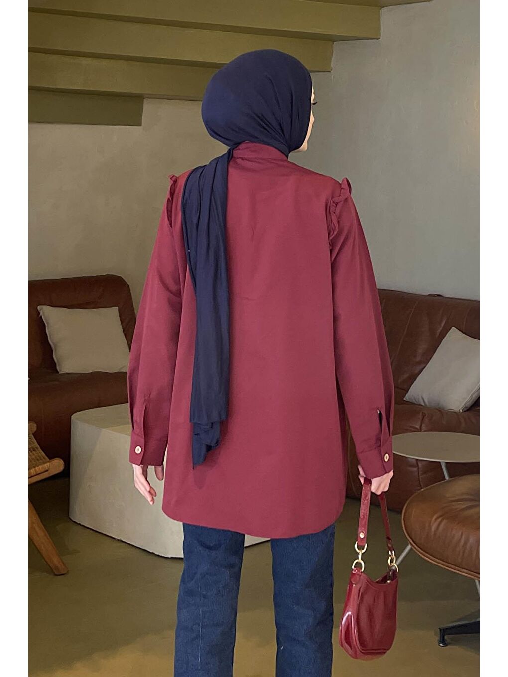 Hakim Yaka Önü Pileli Tunik Bordo-3