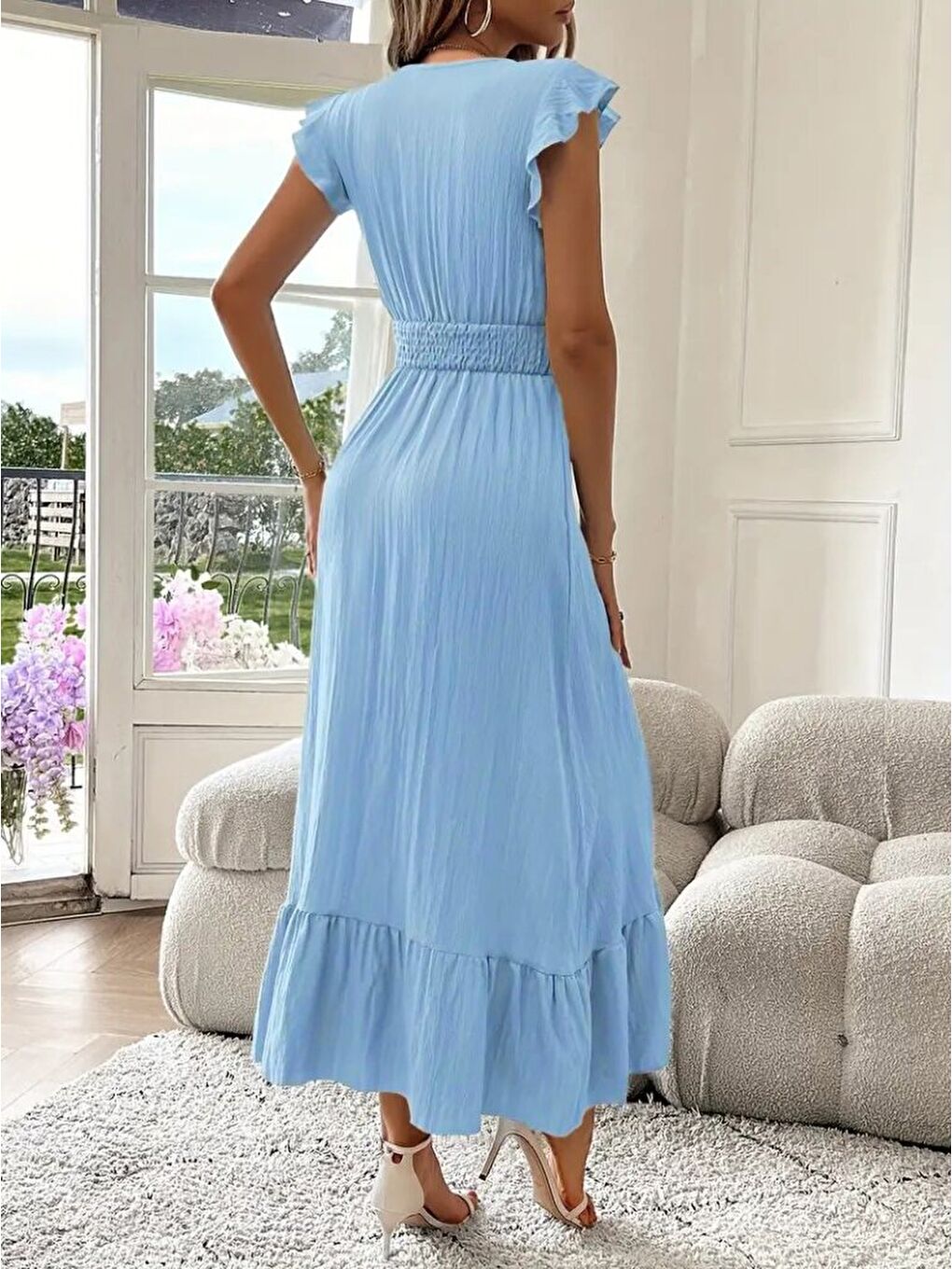 Mavi Kadın Kısa Kollu Kruvaze Yakalı Beli Lastikli Müslim Elbise-1