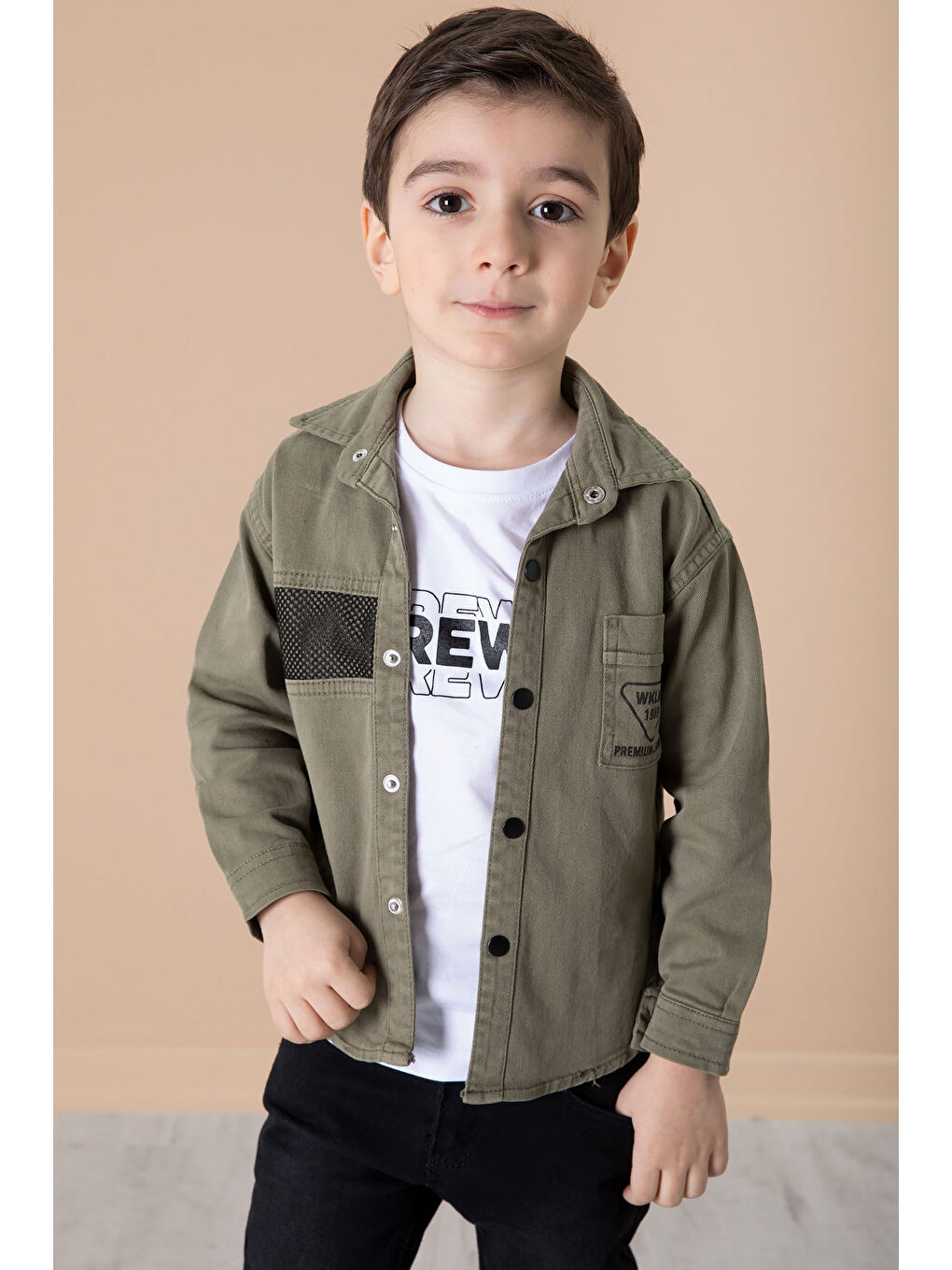 Haki Crew Yazılı Tişörtlü File Detaylı Erkek Çocuk Gömlek 20083-4