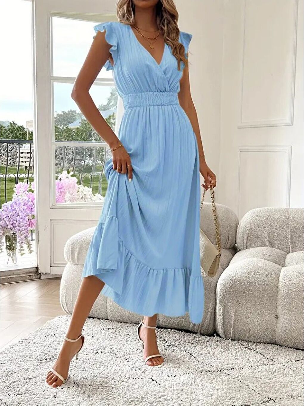 Mavi Kadın Kısa Kollu Kruvaze Yakalı Beli Lastikli Müslim Elbise-2