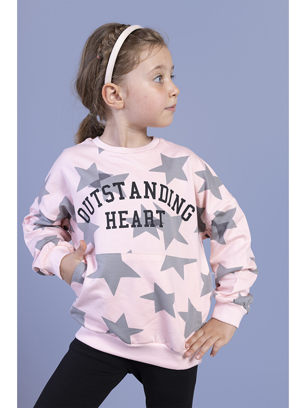 Pembe Kız Çocuk Kanguru Cepli Baskılı Sweatshirt