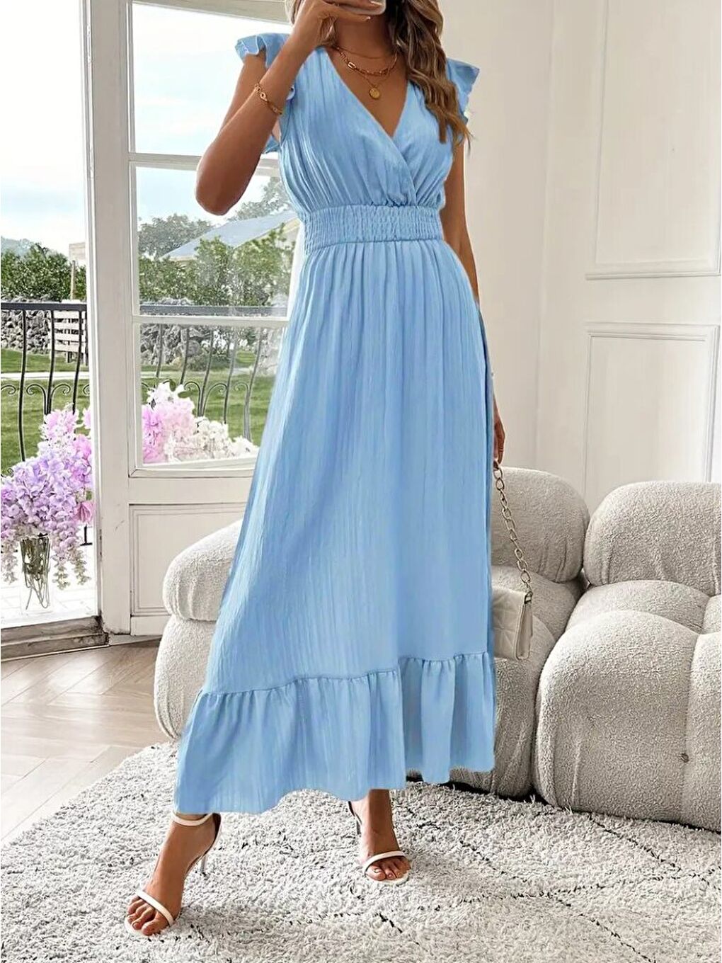 Mavi Kadın Kısa Kollu Kruvaze Yakalı Beli Lastikli Müslim Elbise-3