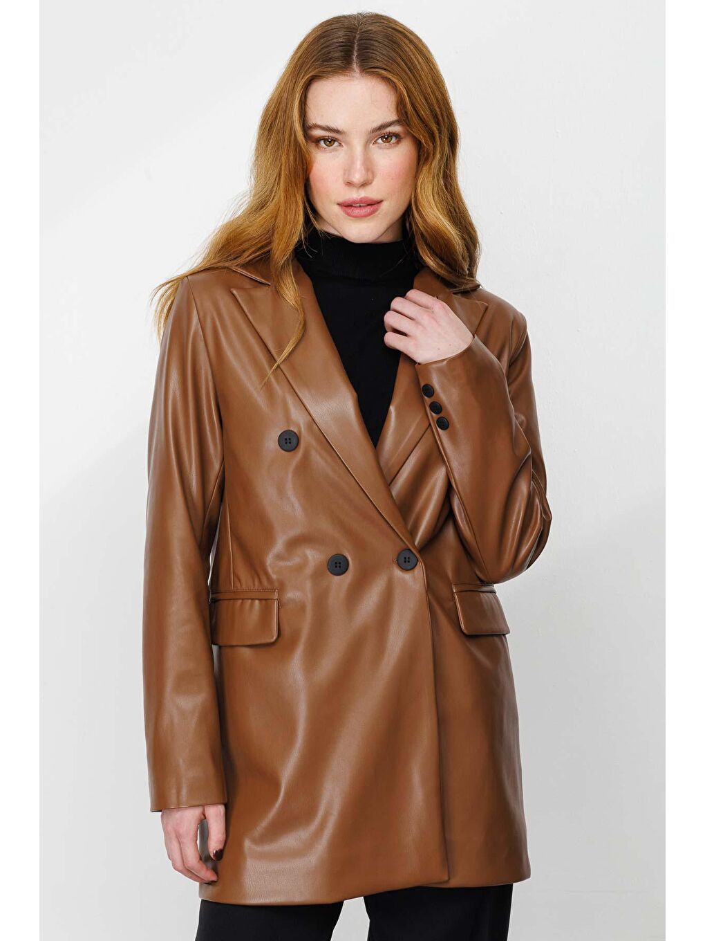 Kahverengi Kruvaze Deri Blazer - Taba