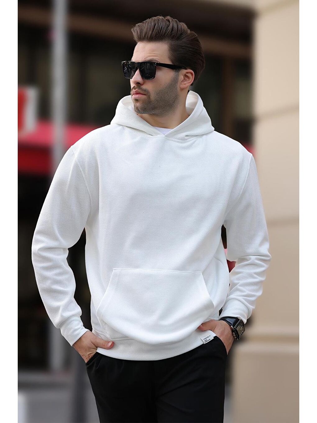 Madmext Beyaz Kapüşonlu Cep Detaylı Sweatshirt Hoodie