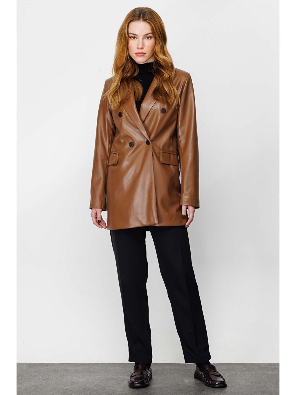 Kahverengi Kruvaze Deri Blazer - Taba-1