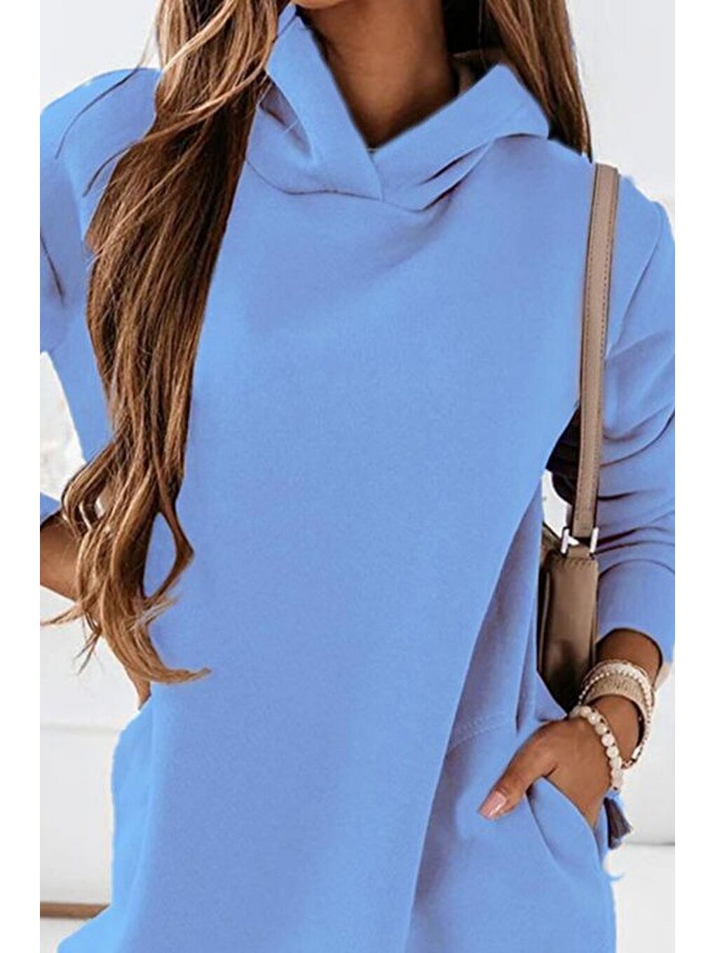 Mavi Kadın Uzun Kollu Kapüşonlu Kısa Iki Iplik Elbise-1