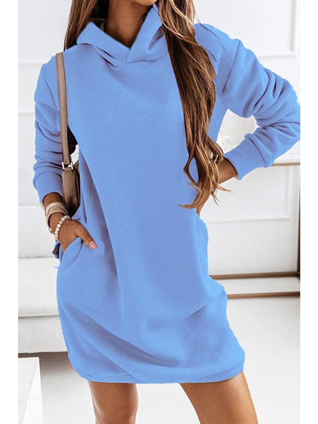 Mavi Kadın Uzun Kollu Kapüşonlu Kısa Iki Iplik Elbise-2