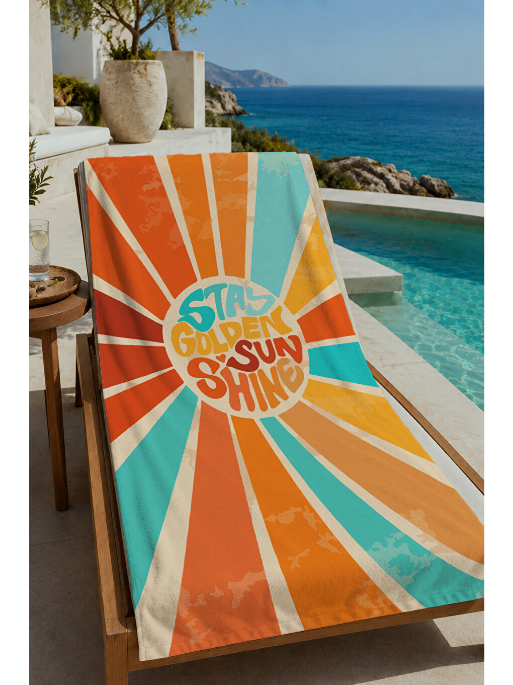 Turuncu Mor Retro Stay Golden Güneş Desenli 70x150 Cm Dijital Baskılı Plaj Ve Banyo Havlusu