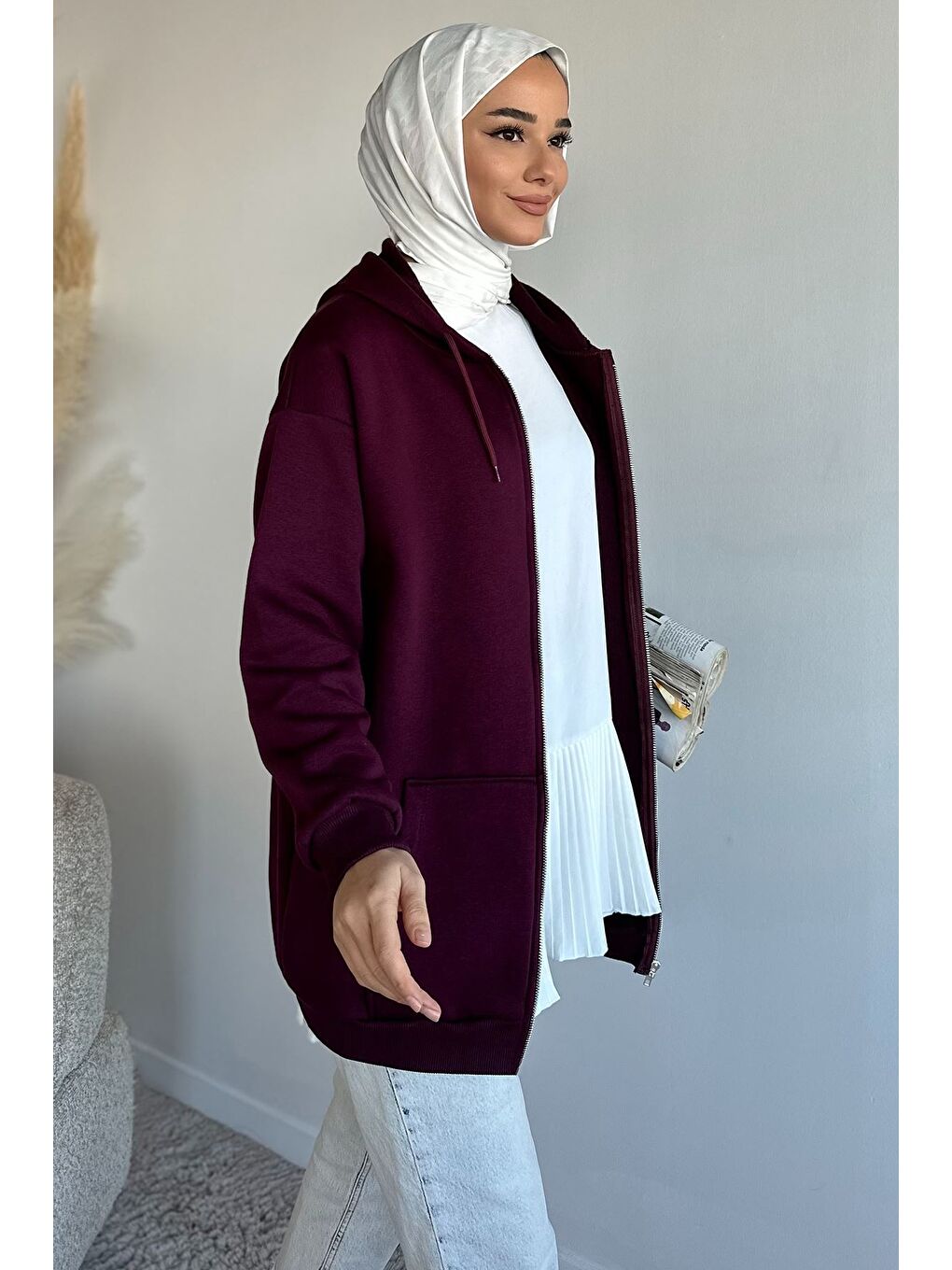 Mürdüm Kapüşonlu Şardonlu Tesettür Sweatshirt-1