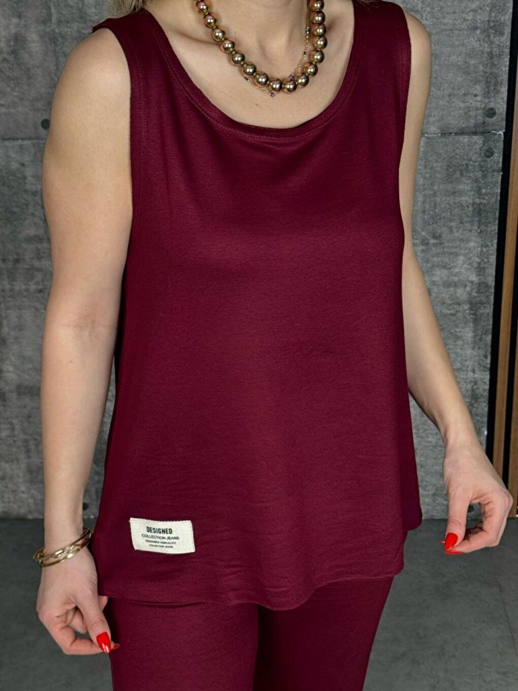 Bordo Kadın Askılı Yuvarlak Yaka Viskon Iki Iplik Bluz Ve Eşofman Altı Ikili Takım-1