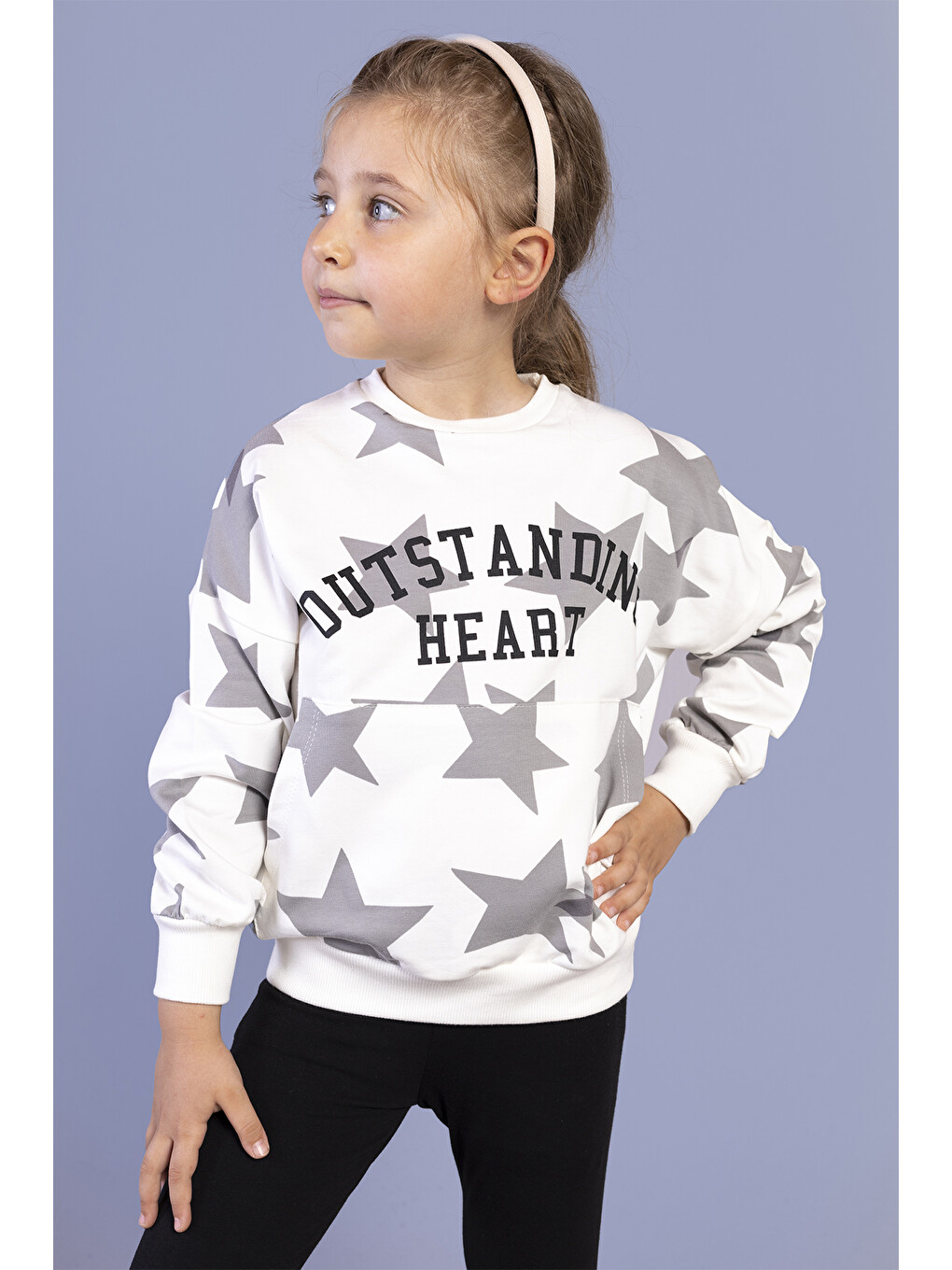 Ekru Kız Çocuk Kanguru Cepli Baskılı Sweatshirt