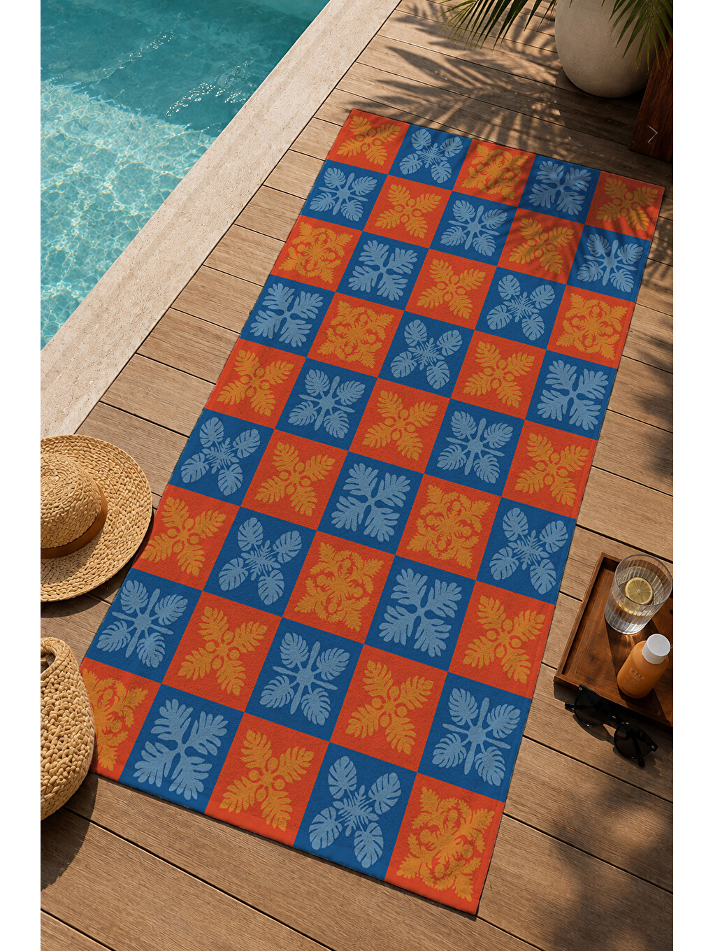 Turuncu Mavi Dama Etnik Çiçek Motifli 70x150 Cm Dijital Baskılı Plaj Ve Banyo Havlusu-2