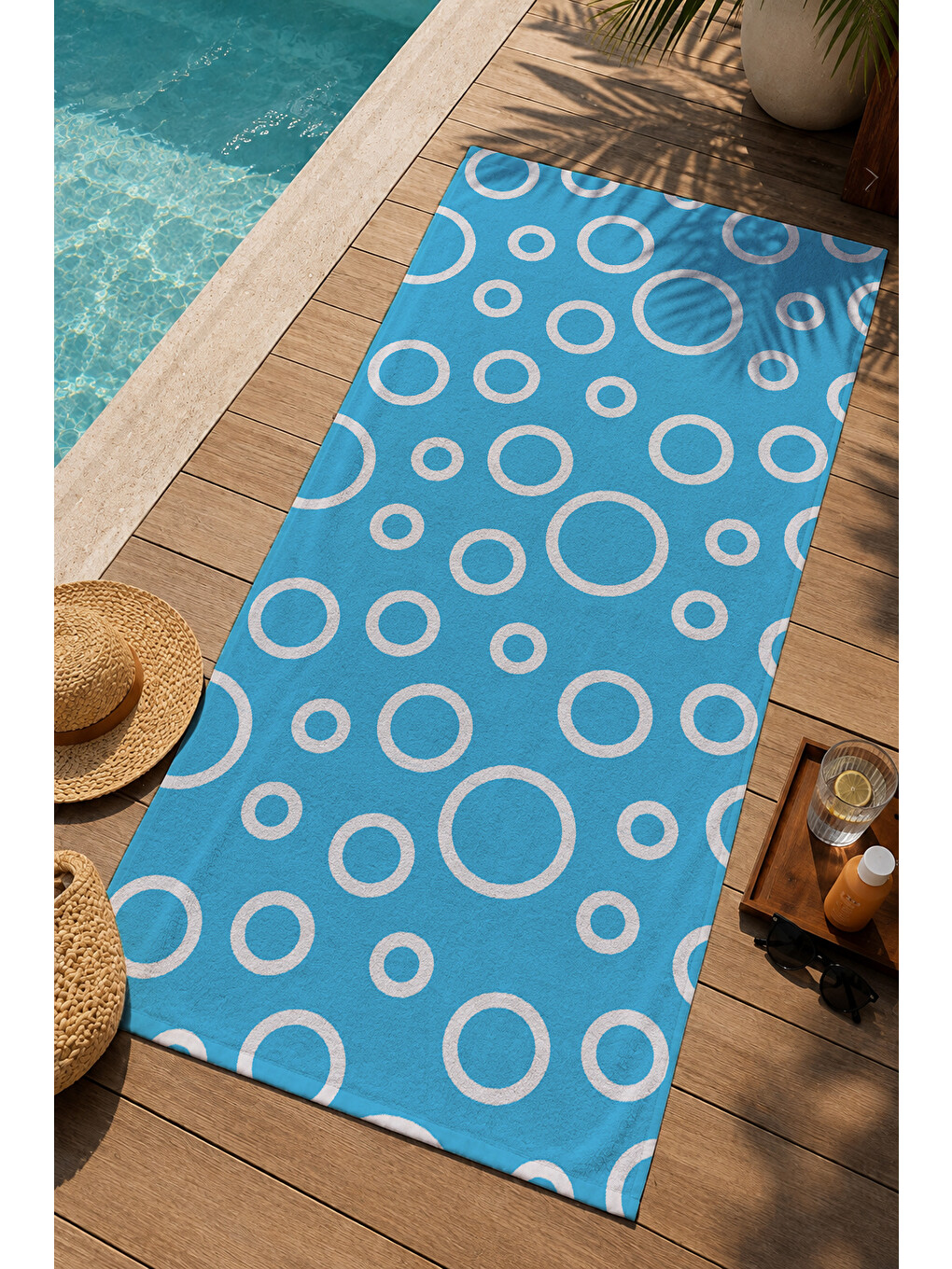 Açık Mavi Beyaz Halka Geometrik Desenli 70x150 Cm Dijital Baskılı Plaj Ve Banyo Havlusu-2