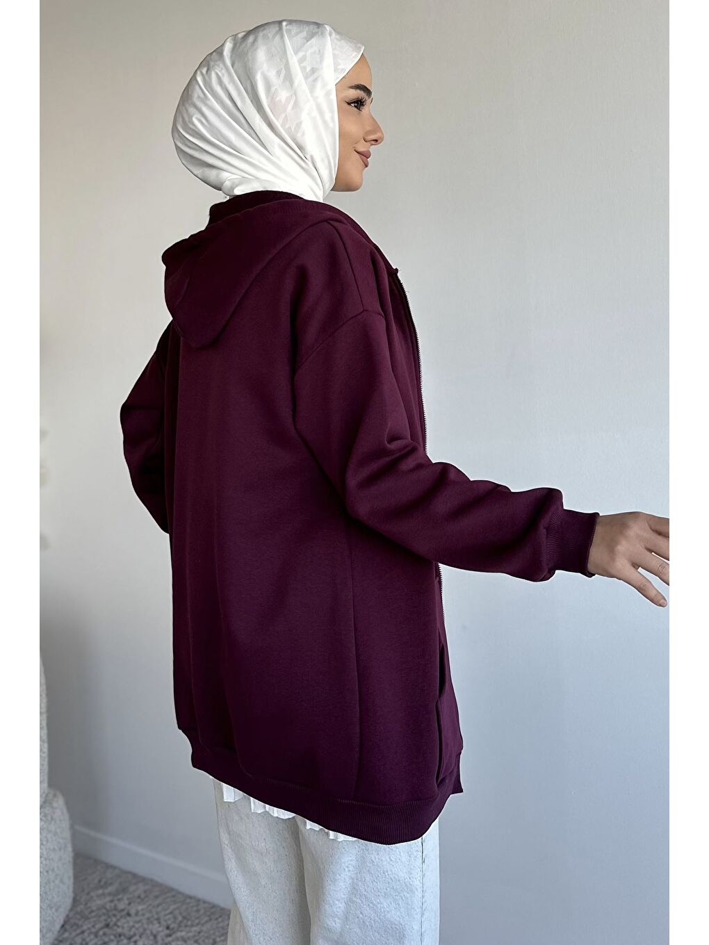 Mürdüm Kapüşonlu Şardonlu Tesettür Sweatshirt-5