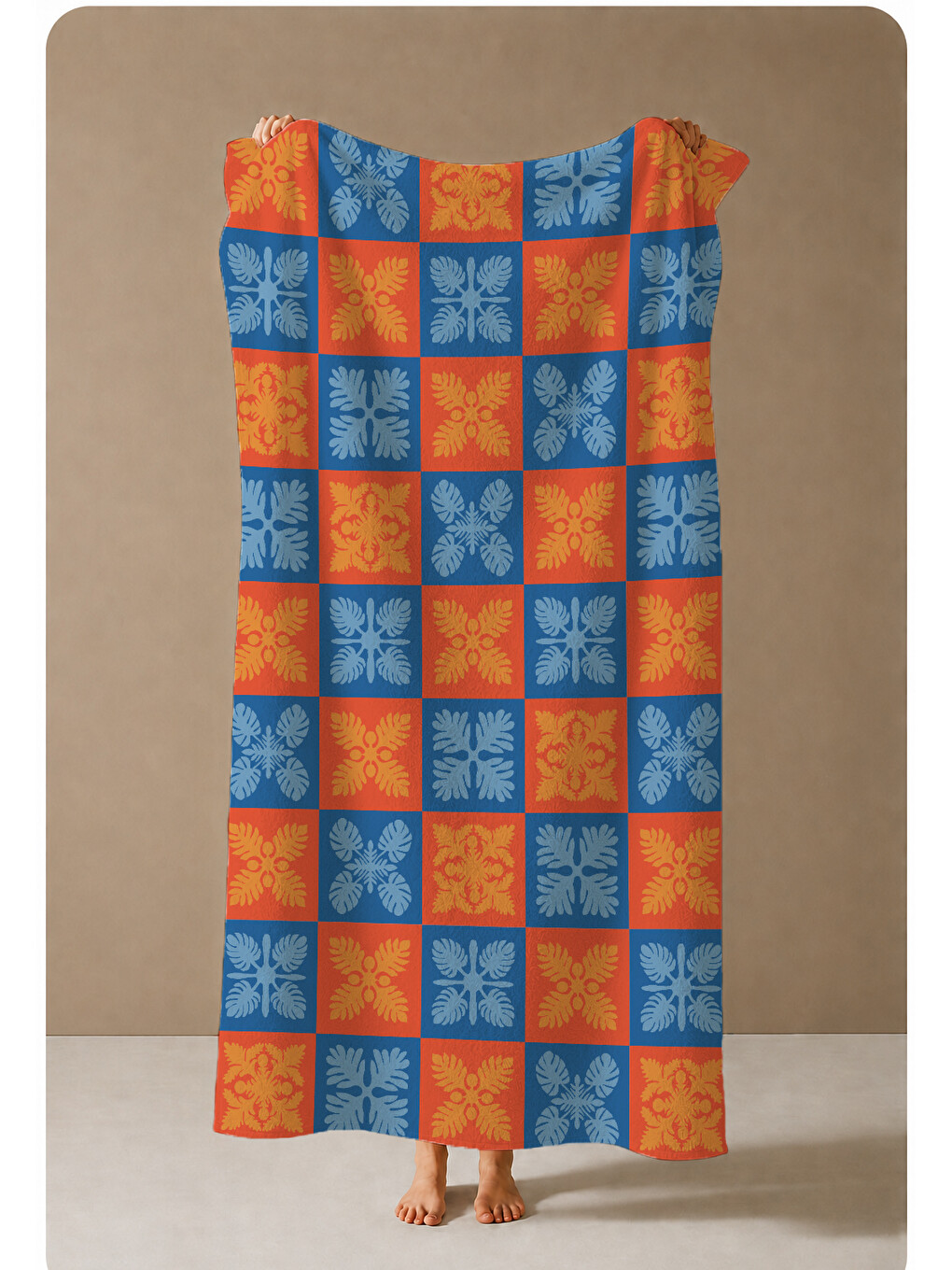 Turuncu Mavi Dama Etnik Çiçek Motifli 70x150 Cm Dijital Baskılı Plaj Ve Banyo Havlusu-3