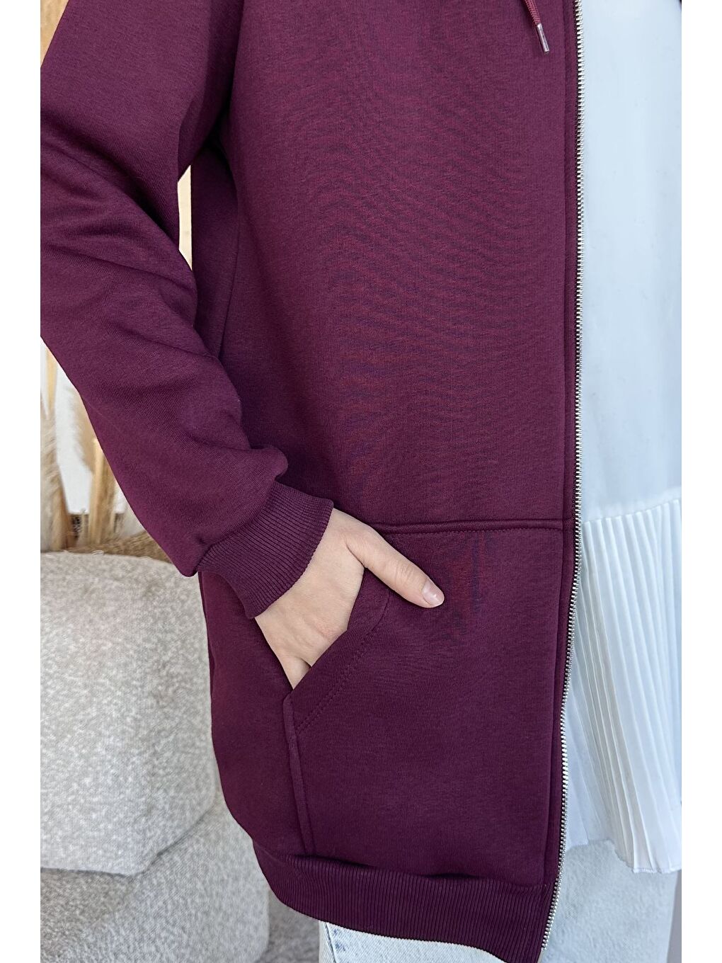 Mürdüm Kapüşonlu Şardonlu Tesettür Sweatshirt-6