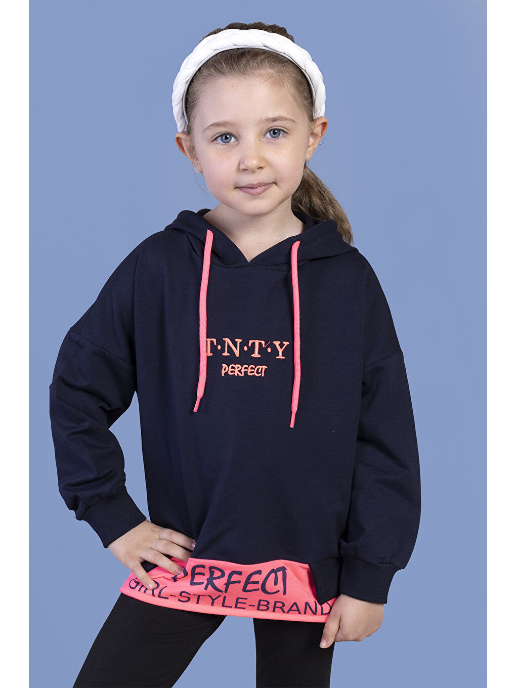 Lacivert Kız Çocuk  Kapüşonlu Garni Detaylı Baskılı Sweatshirt