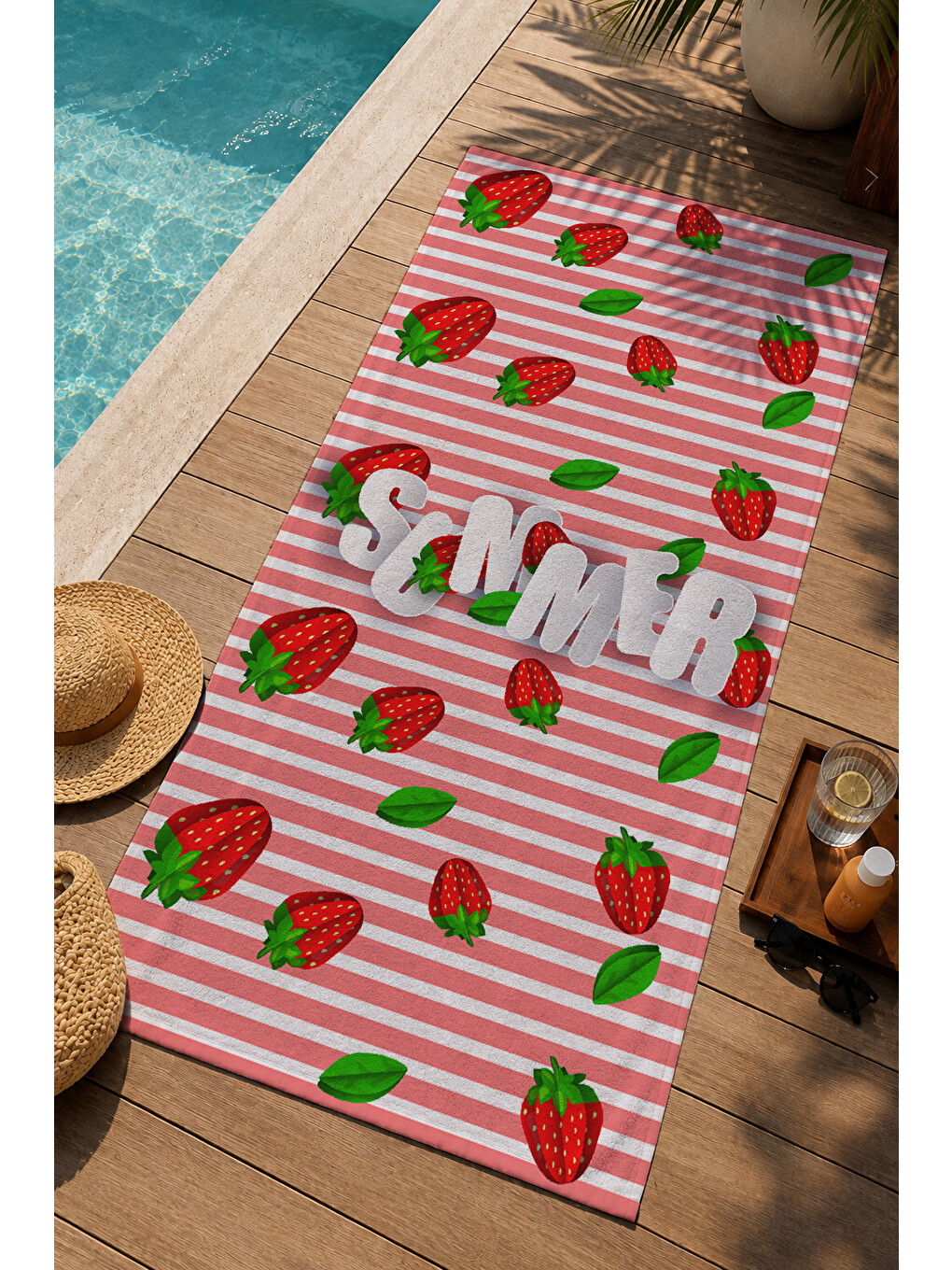 Kırmızı Yeşil Çizgili Karpuz Summer Yazılı 70x150 Cm Dijital Baskılı Plaj Ve Banyo Havlusu-2