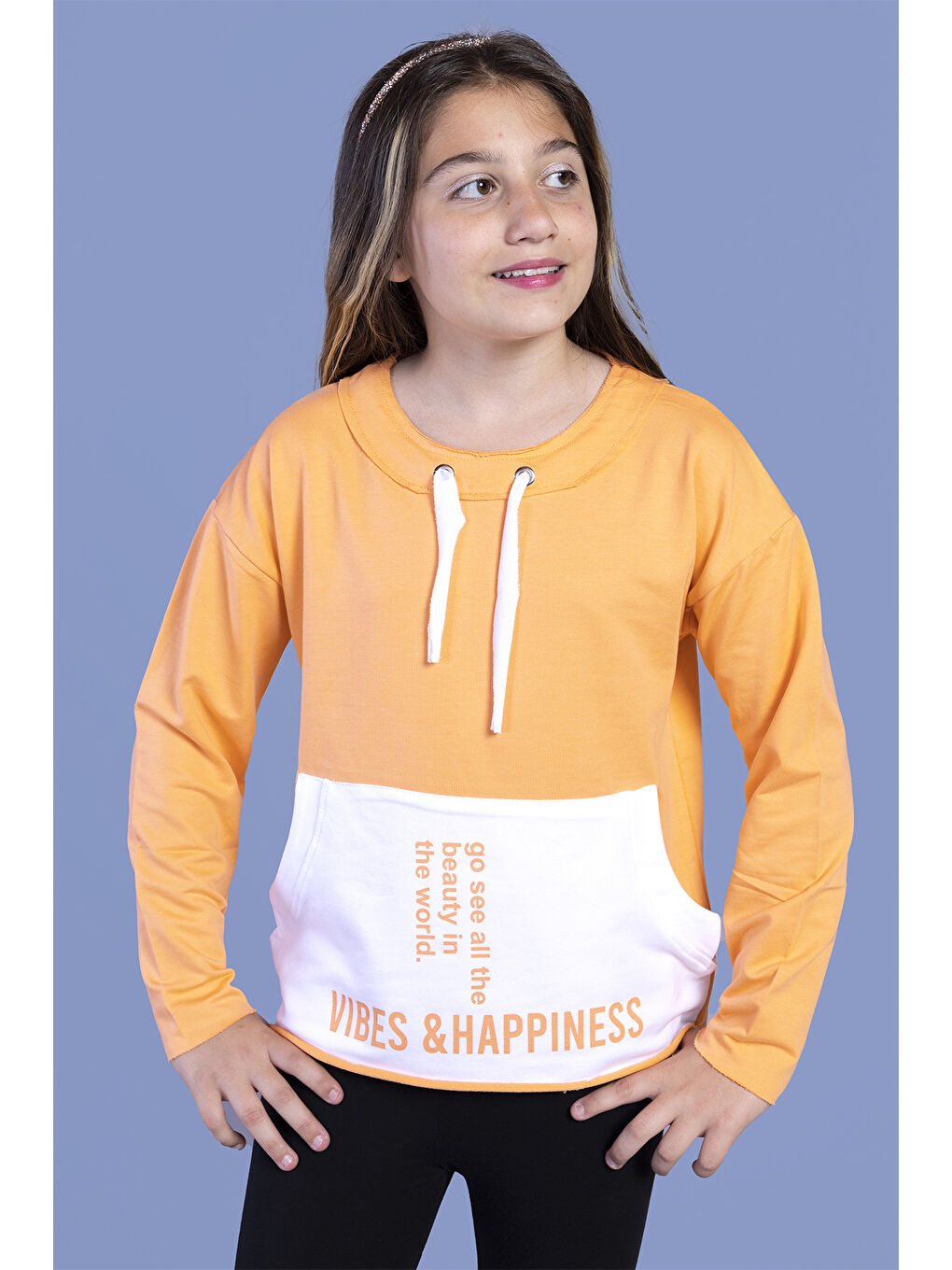 Turuncu Kız Çocuk Kanguru Cepli Baskılı Sweatshirt