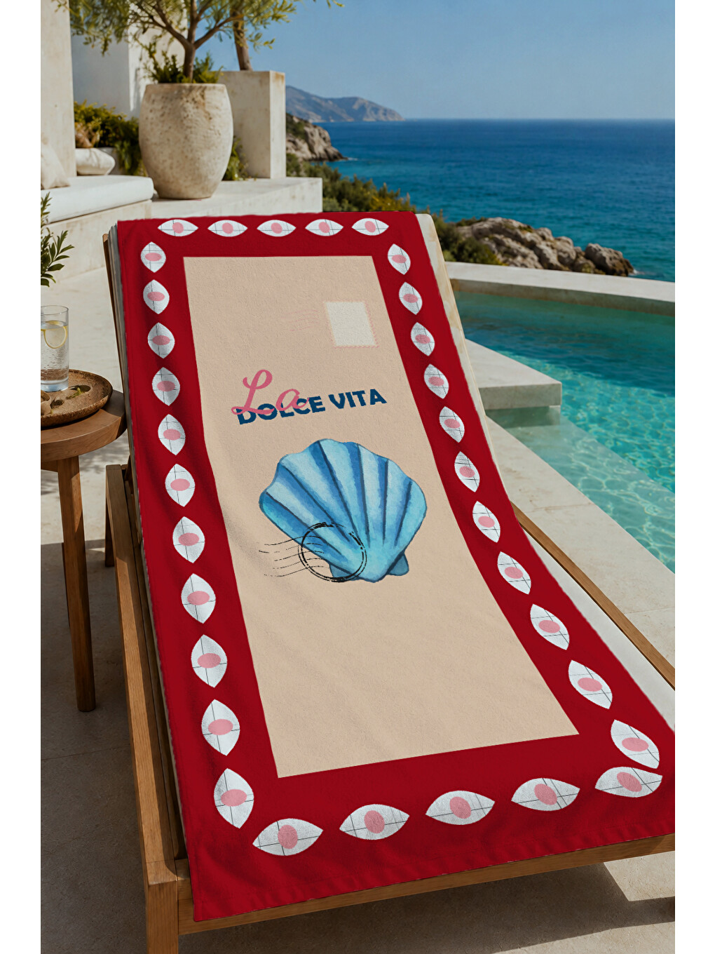 Kırmızı Çerçeveli Mavi Deniz Kabuğu Dolce Vita 70x150 Cm Dijital Baskılı Plaj Ve Banyo Havlusu