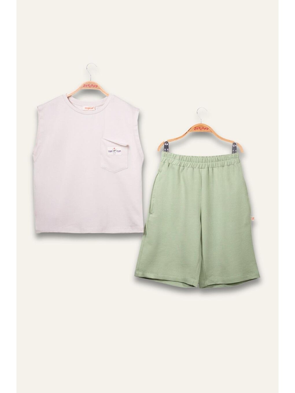 Bej Erkek Çocuk Cepli Baskılı Atlet Diz Altı Şort Takım - Taş Rengi