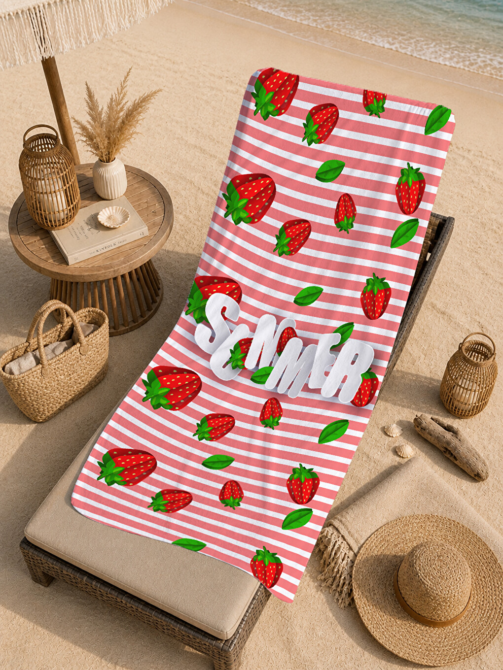 Kırmızı Yeşil Çizgili Karpuz Summer Yazılı 70x150 Cm Dijital Baskılı Plaj Ve Banyo Havlusu-4