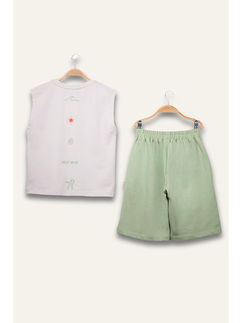 Bej Erkek Çocuk Cepli Baskılı Atlet Diz Altı Şort Takım - Taş Rengi-1