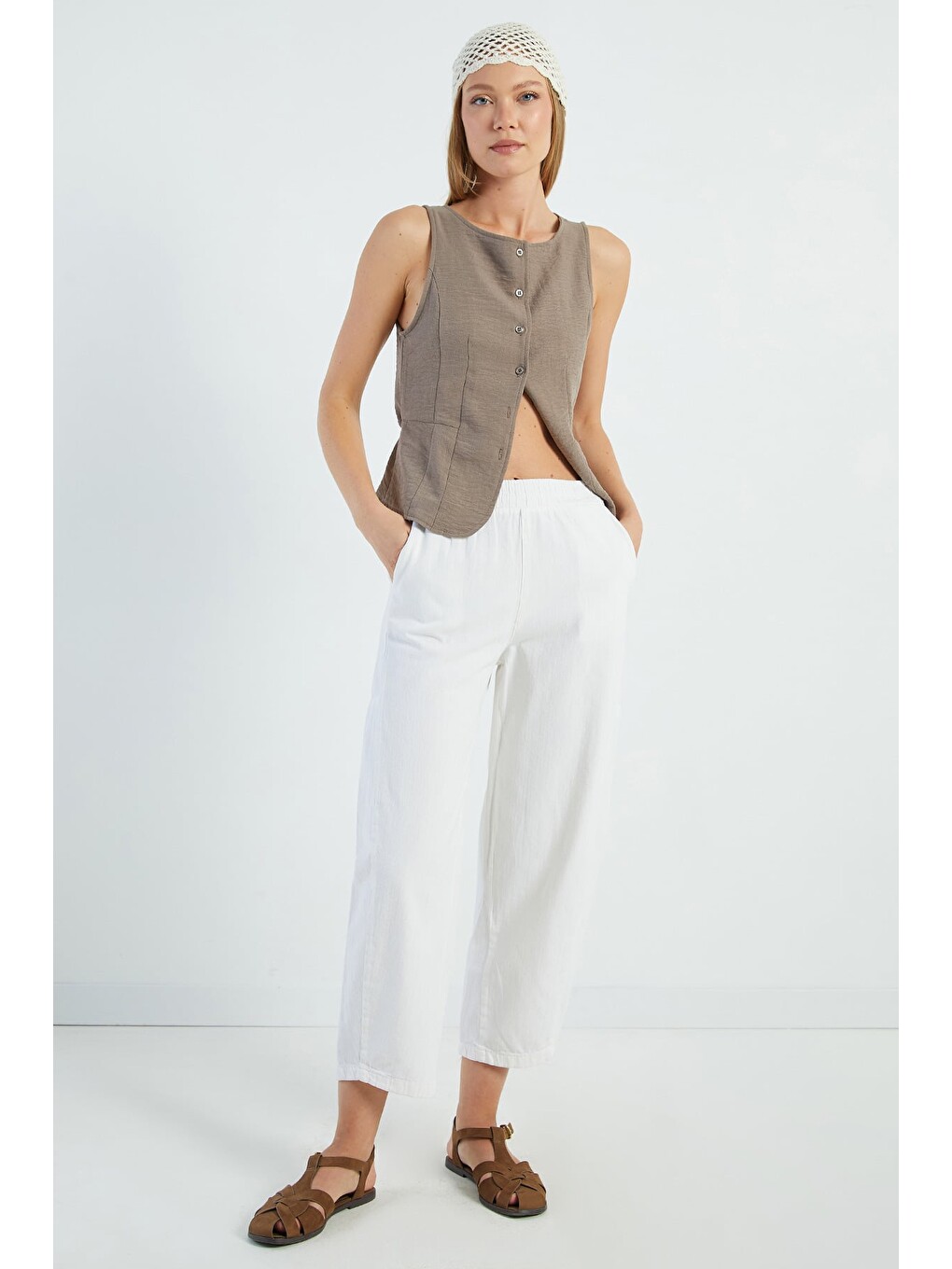 Ekru Beli Lastikli Cepli Gabardin Pantolon
