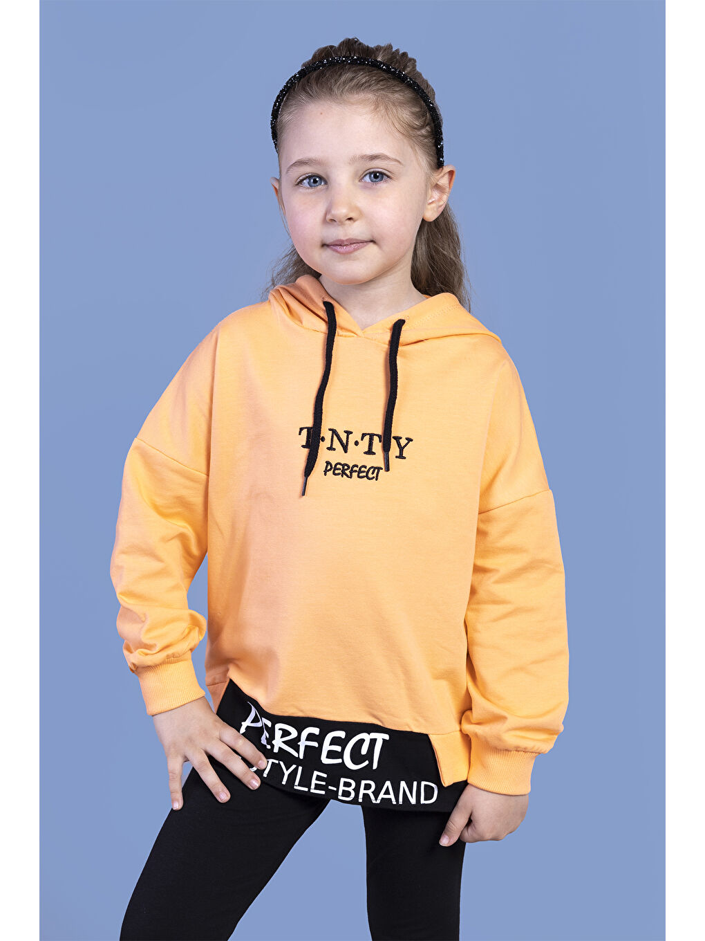 Turuncu Kız Çocuk  Kapüşonlu Garni Detaylı Baskılı Sweatshirt