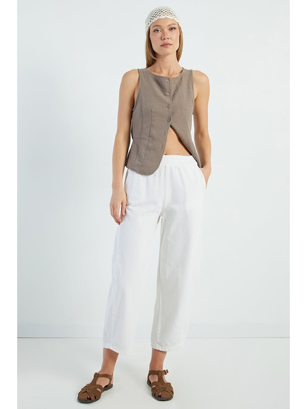 Ekru Beli Lastikli Cepli Gabardin Pantolon-1