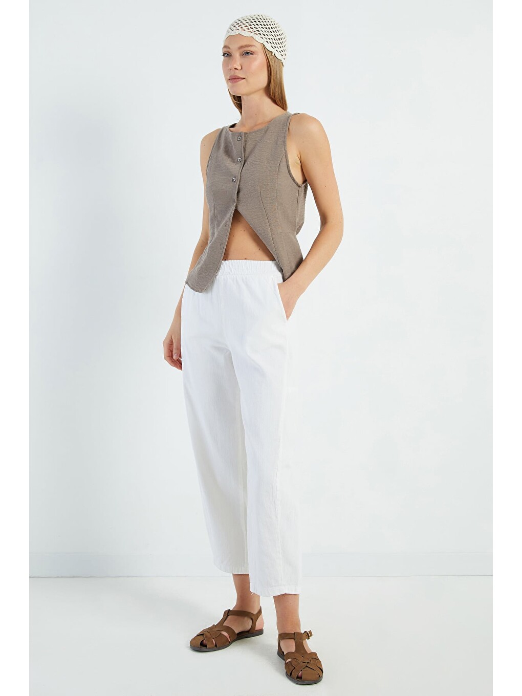 Ekru Beli Lastikli Cepli Gabardin Pantolon-2