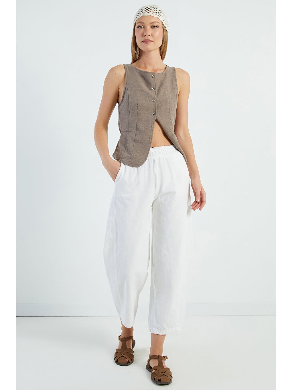 Ekru Beli Lastikli Cepli Gabardin Pantolon-3