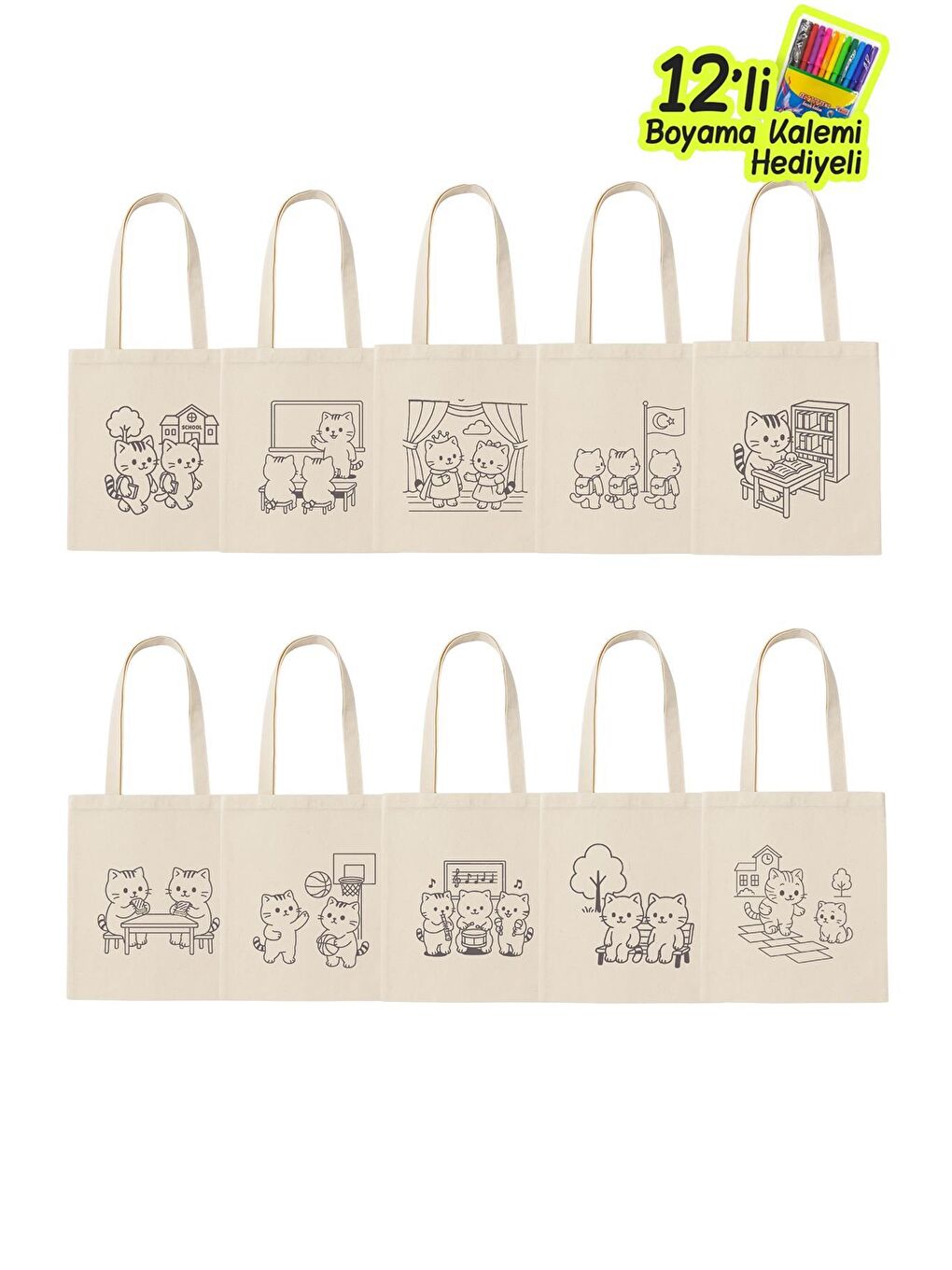 Kedi Serisi Orta Boy Boyama Çantası - 10 Adet