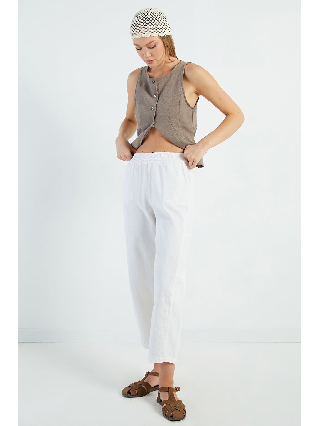 Ekru Beli Lastikli Cepli Gabardin Pantolon-4