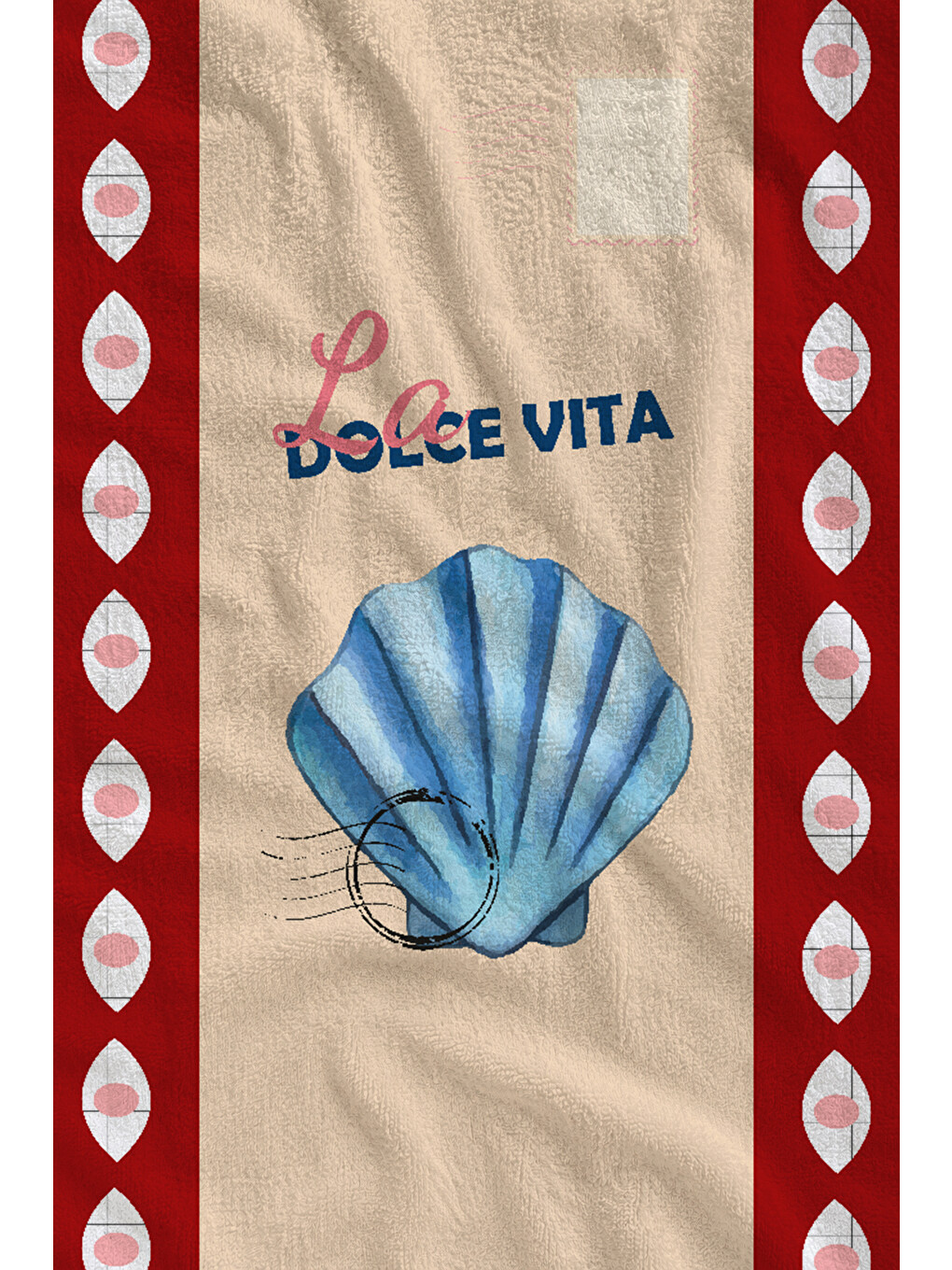 Kırmızı Çerçeveli Mavi Deniz Kabuğu Dolce Vita 70x150 Cm Dijital Baskılı Plaj Ve Banyo Havlusu-1