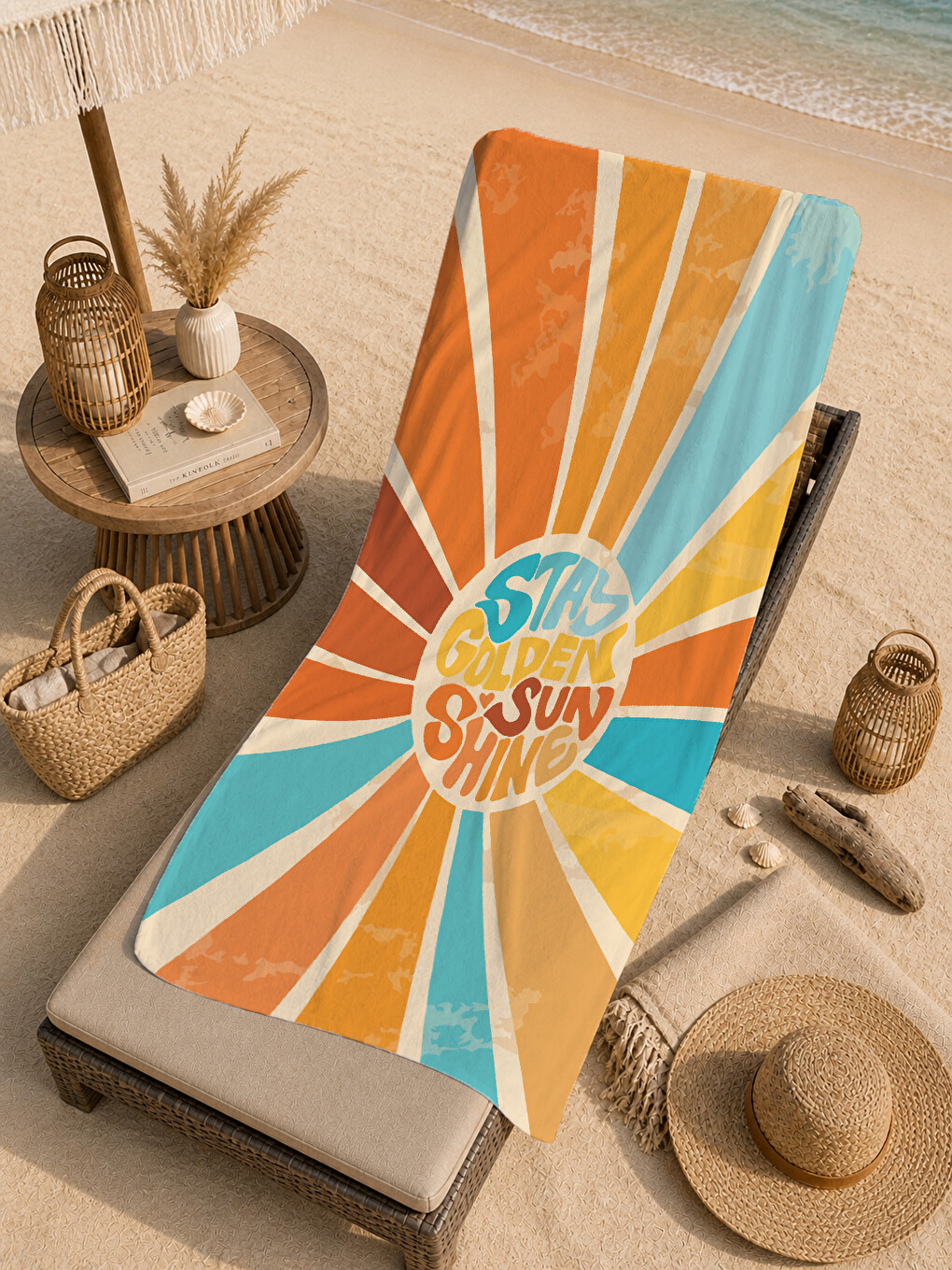 Turuncu Mor Retro Stay Golden Güneş Desenli 70x150 Cm Dijital Baskılı Plaj Ve Banyo Havlusu-4