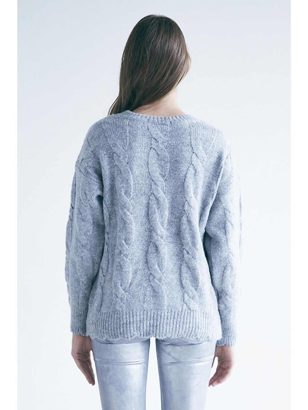 Gri Bisiklet Yaka Saç Örgülü Kazak-3